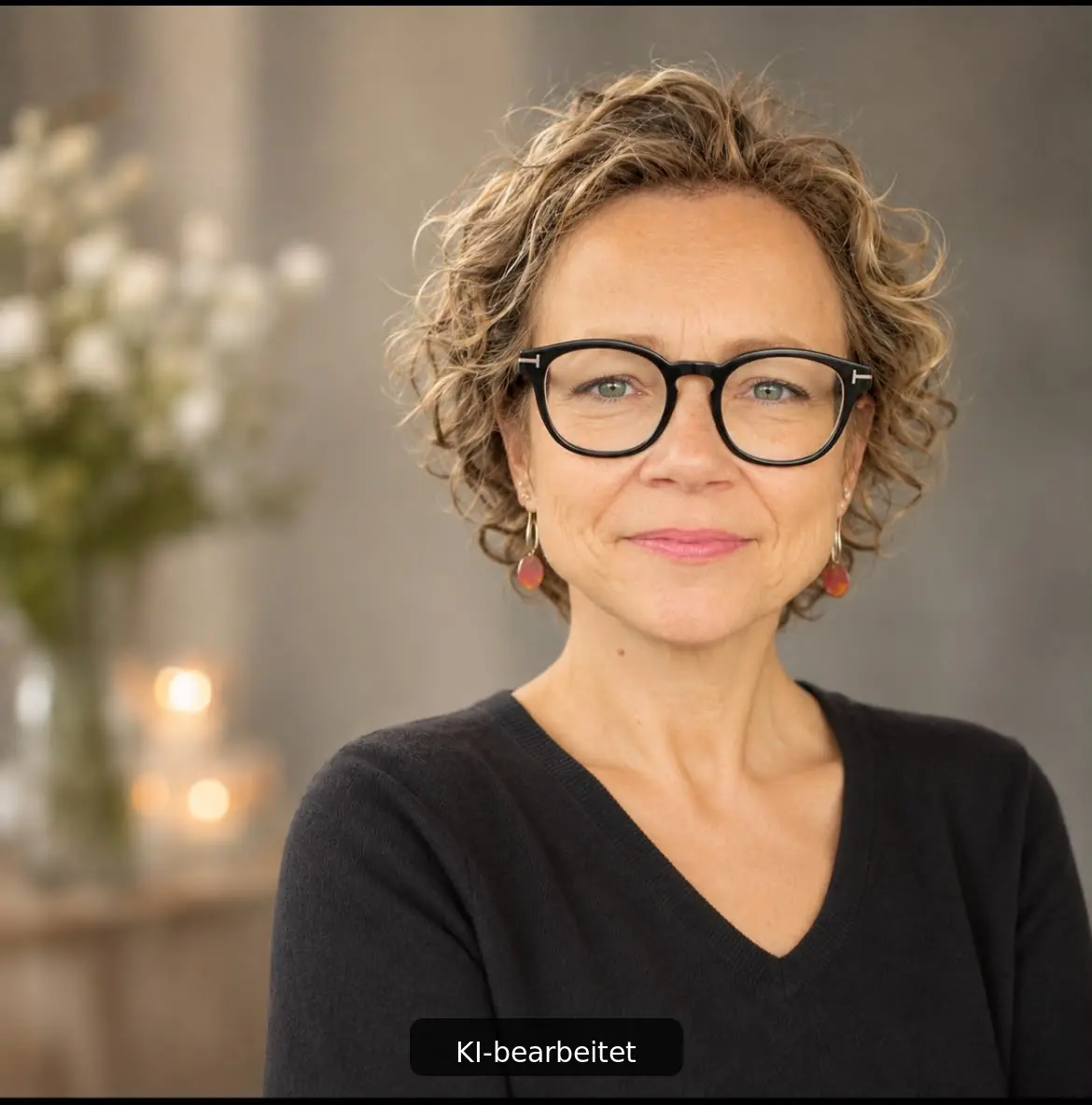 Porträt der Trauerrednerin Yvonne Mende mit schwarzer Brille
