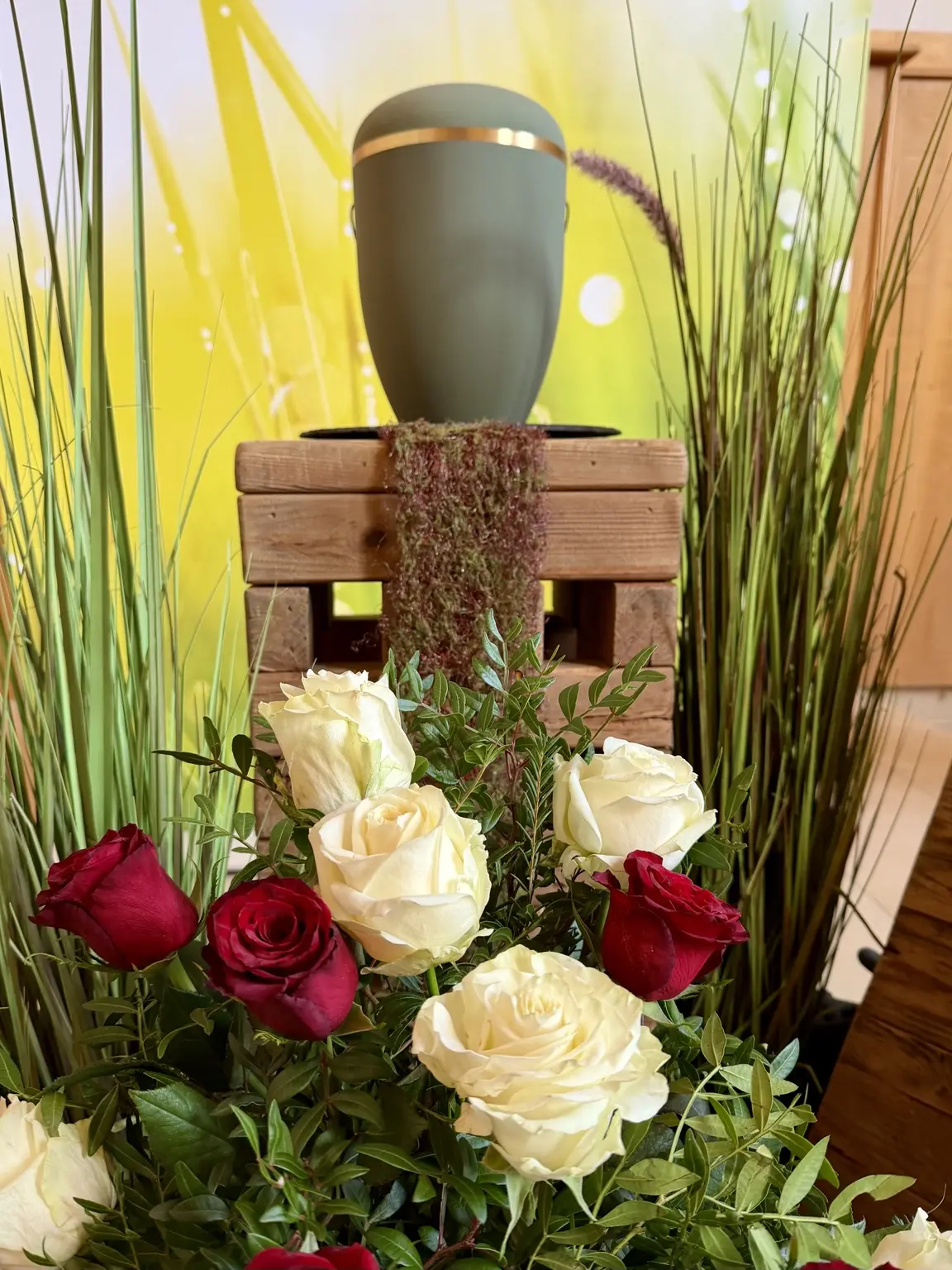 Urne mit Blumen und Gräsern in der großen Halle des Hauptfriedhofs Zwickau
